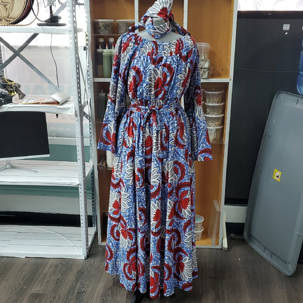 Women's Ethnic African Kimono Tribal Print Smocked Floral Blue Red Maxi Dress